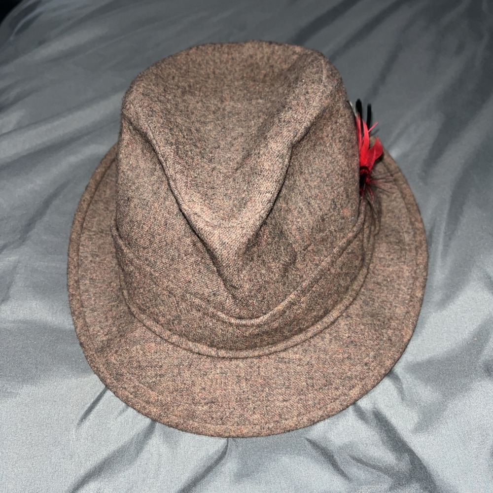 Vintage Pendleton 100% Virgin Wool Gray Tweed Fedora Men's Hat with Red Feather